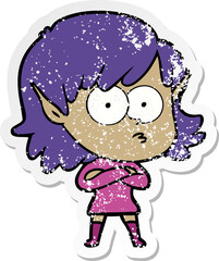distressed sticker of a cartoon elf girl staring