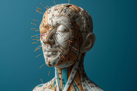 A human head model with acupuncture alternative medicine concept. 3D 