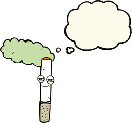 cartoon happy cigarette with thought bubble