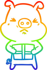 rainbow gradient line drawing cartoon angry pig with christmas present