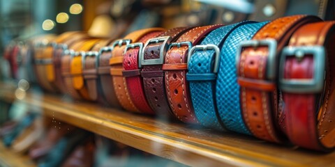 Array of luxury leather belts on wooden display shelf - obrazy, fototapety, plakaty