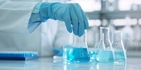 Fototapeta premium A scientists gloved hand holding a test tube, with a rack of chemical-filled flasks in the foreground.