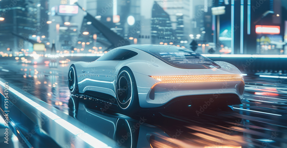 Poster intelligent car in urban traffic, transport core, in the style of light white and sky-blue, a little