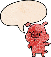 cartoon angry pig pointing and speech bubble in retro texture style