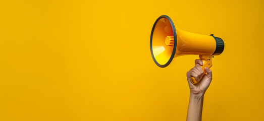 Hand holding a megaphone announces sales and discounts, on a vibrant yellow background. Marketing and commercial concept banner with copy space, made with Generative AI. - obrazy, fototapety, plakaty