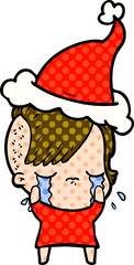 comic book style illustration of a crying girl wearing santa hat