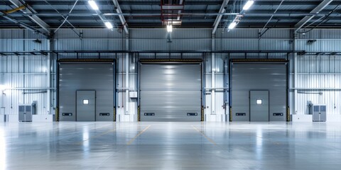 Obraz premium Row of modern warehouse roller doors at twilight