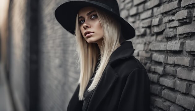 Beautiful young mysterious blond girl in black hat and black jacket on gray brick background