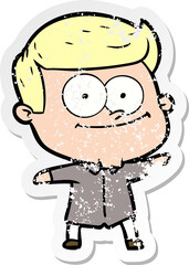 distressed sticker of a cartoon happy man
