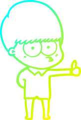 cold gradient line drawing curious cartoon boy giving thumbs up sign