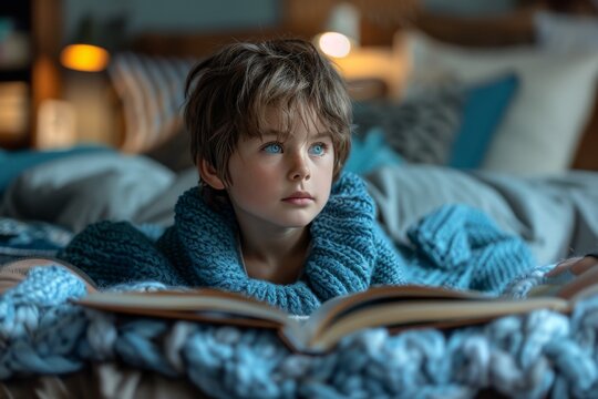 A young boy, comfortably dressed in pajamas, is lying on his bed with focused attention on a colorful picture book during the tranquil evening hours.