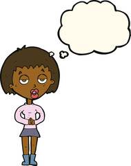 cartoon bored woman waiting with thought bubble