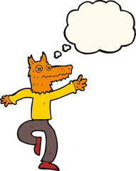 cartoon happy fox man with thought bubble