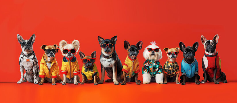 Group Of Dogs In Red Winter Jackets And Sunglasses On A Red Background.