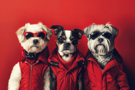 Group Of Dogs In Red Winter Jackets And Sunglasses On A Red Background.