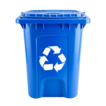 A blue trash can with a white recycling symbol on it Isolated on transparent background, PNG