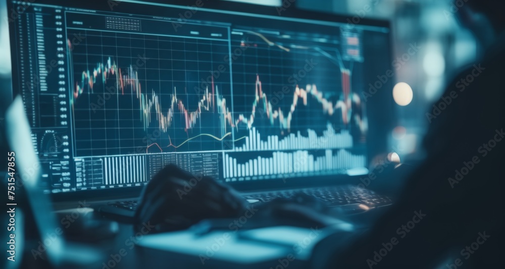 Poster analyzing financial data on a computer screen