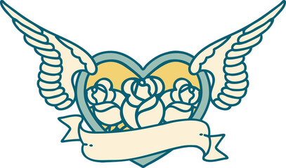tattoo style icon of a flying heart with flowers and banner
