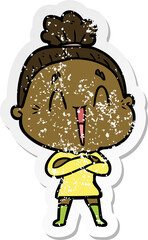 distressed sticker of a cartoon happy old lady