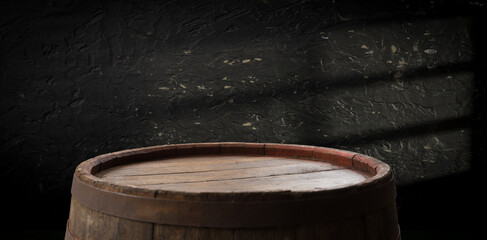 Fototapeta premium background of barrel and worn old table of wood. High quality photo