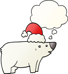 cartoon bear wearing christmas hat and thought bubble in smooth gradient style