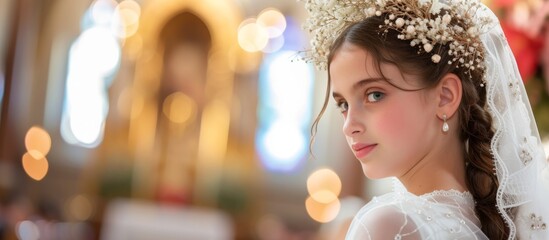 Beautiful bride in lace wedding dress with elegant veil holding bouquet of flowers outdoors