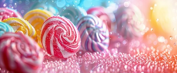 Vibrant close-up of colorful candy swirls with sparkling sugar, against a bokeh light background. - obrazy, fototapety, plakaty