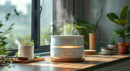 The electric hot pot and modern design on desk. Generative AI. - obrazy, fototapety, plakaty