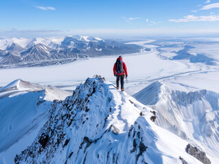 Naklejka na ściany i meble Mountaineer Trekking on Snow-Capped Ridge