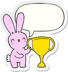 cute cartoon rabbit and sports trophy cup and speech bubble sticker