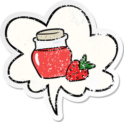 cartoon jar of strawberry jam and speech bubble distressed sticker