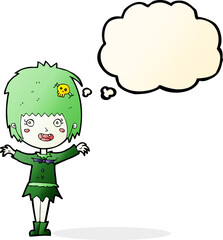 cartoon happy vampire girl with thought bubble