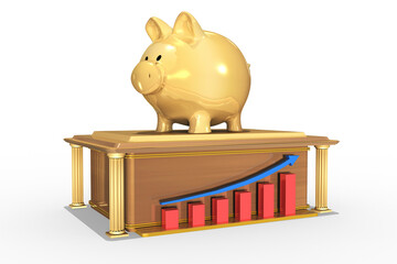3d Illustration, goldenes Sparschwein auf Bank mit Diagram und Aufwärtspfeil mit Aufwärtstrend steigender Kurse und Zinsen, freigestellt, transparenter Hintergrund