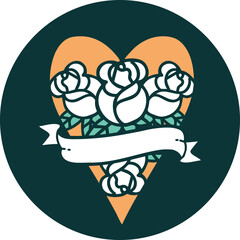 tattoo style icon of a heart and banner with flowers