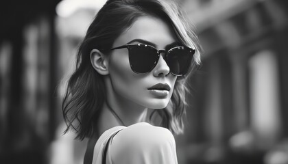 Beauty Fashion model girl black and white portrait, wearing stylish sunglasses. Sexy woman portrait