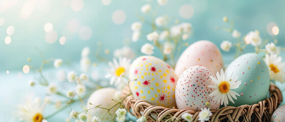 Pastel Painted Easter Eggs and White Daisies in a Woven Basket.