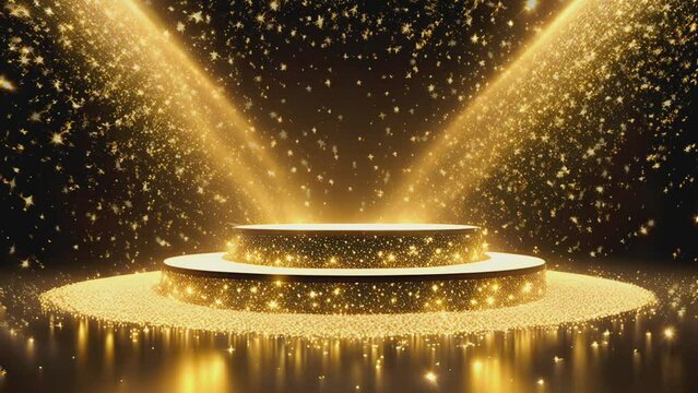 3D Award party stage golden stage glitter animation. stars, lights and particles. Luxury gold light streak. Particle, luxury awards ceremony background, Oscar awards performance