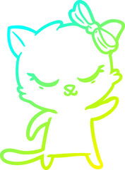 cold gradient line drawing cute cartoon cat with bow