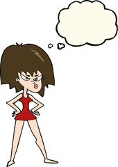 cartoon angry woman in dress with thought bubble