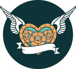 tattoo style icon of a flying heart with flowers and banner