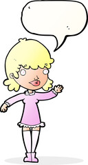 cartoon woman waving with speech bubble