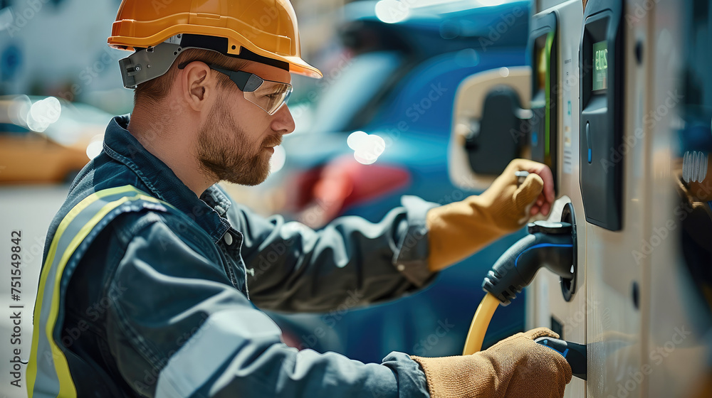 Aufkleber worker with hard hat fixing an ev station. generative ai.