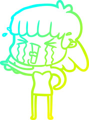 cold gradient line drawing cartoon woman in tears