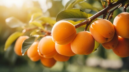 Close up of ripe apricots on a tree branch with lush garden background in macro photography