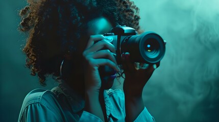 Creative female photographer capturing moments in moody lighting. artistic portrait, modern photography. focus and passion in one frame. AI
