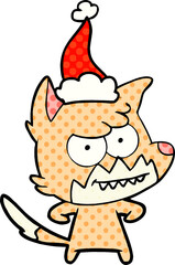 comic book style illustration of a grinning fox wearing santa hat