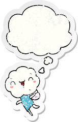 cute cartoon cloud head creature and thought bubble as a distressed worn sticker