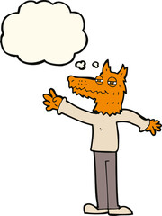 cartoon waving fox with thought bubble