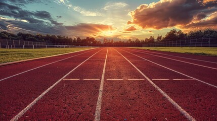 The warm glow of sunset bathes an empty red running track with serene light, evoking a sense of calm and readiness for activity in the tranquil stadium.