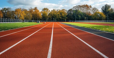 A vibrant red rubber running track with white lane markings, set against a backdrop of colorful autumn trees and a clear blue sky.